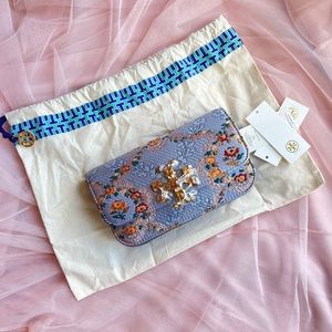 Tory Burch Eleanor Brocade Jeweled Logo Phone Crossbody Bag in Sea Frost • NWT